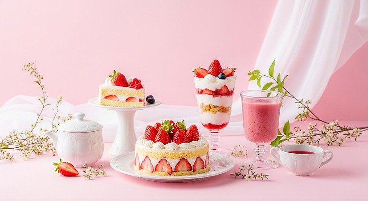 식기 음료 음식 컬러 가구 컨셉 과일 디저트 제과제빵 크림 CG 탄산 파일형식 딸기 케이크 분홍색 맛 제빵 탁자 컵 푸딩 시럽 생크림 탄산음료 편집이미지 편집실사 JPG