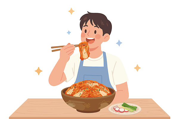 남자 행복 한식 음식 채소 일러스트 젓가락 식탁 반찬 디저트 김치 한국 요리 식사 즐거움 김장 맛있는 국내일러스트 AI파일 감정 아시아 탁자 수저 사람 파일형식 벡터