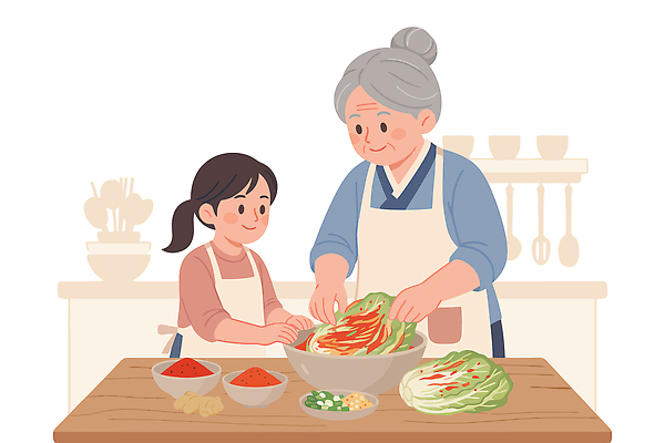 전통 행복 문화 할머니 한식 일러스트 재료 가족 손녀 김치 함께함 대화 요리 주방 전통음식 맛 주말 레시피 김장 식사준비 국내일러스트 AI파일 여자 노년 감정 음식 컨셉 관계 말하기 손주 준비 파일형식 벡터