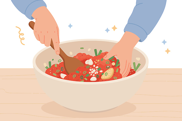 그릇 손 채소 일러스트 재료 김치 요리 주방 식사 신선 맛 혼합 만들기 레시피 김장 손질 건강식 색감 손재주 정성 국내일러스트 AI파일 식기 한식 음식 컨셉 모션 신체부위 파일형식 벡터