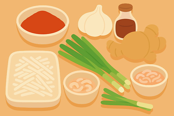 한식 채소 일러스트 재료 김치 건강 마늘 요리 신선 맛 저녁 해산물 준비 레시피 김장 파 생강 고춧가루 새우젓 국내일러스트 AI파일 음식 컨셉 야간 가루 젓갈 파일형식 벡터