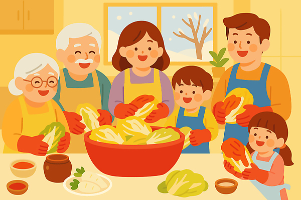 전통 음식 겨울 채소 일러스트 가족 모션 자연 김치 함께함 대화 요리 웃음 식사 체험 즐거움 배추 김장 손질 국내일러스트 유산 AI파일 계절 감정 한식 컨셉 관계 표정 말하기 생태계 파일형식 벡터