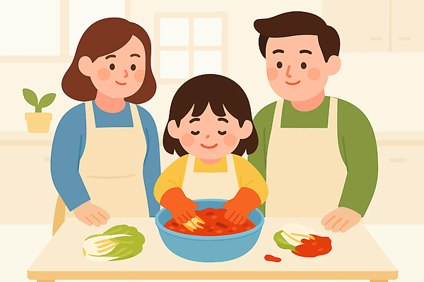 어린이 한식 채소 일러스트 재료 가정 가족 모션 김치 함께함 요리 부모 주방 전통음식 즐거움 주말 김장 교감 식사준비 국내일러스트 AI파일 전통 감정 음식 컨셉 관계 사람 준비 파일형식 벡터