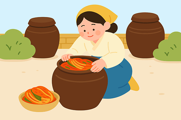 한국문화 전통 손 여자 음식 채소 일러스트 자연 김치 한국 따뜻함 요리 정원 전통음식 항아리 즐거움 발효 김장 손맛 유산균 국내일러스트 AI파일 동양문화 감정 아시아 한식 사람 신체부위 도자기 맛 생태계 파일형식 벡터