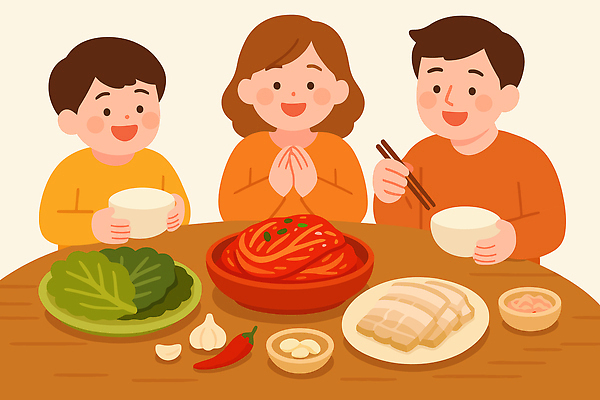 행복 음식 채소 일러스트 가족 탁자 김치 주택 함께함 육류 대화 요리 웃음 부모 식사 자녀 저녁 즐거움 준비 김장 나누기 국내일러스트 AI파일 감정 한식 가구 컨셉 식재료 관계 표정 말하기 건물 야간 파일형식 벡터