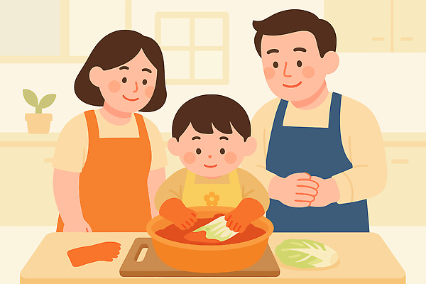 전통 손 어린이 한식 일러스트 재료 가족 모션 협력 김치 주택 따뜻함 요리 부모 주방 기쁨 시간 즐거움 양배추 김장 식사준비 국내일러스트 AI파일 감정 음식 채소 관계 사람 건물 신체부위 준비 파일형식 벡터