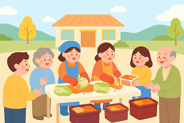 전통 음식 채소 과일 일러스트 가족 모션 협력 김치 주택 여름 농촌 시간 맛 즐거움 배추 준비 소금 지역 김장 손맛 국내일러스트 AI파일 계절 감정 한식 컨셉 관계 건물 시골 파일형식 벡터
