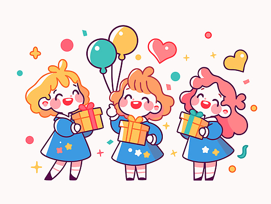드레스 기념일 행복 어린이 컬러 백그라운드 일러스트 모션 선물 사랑 웃음 파티 기쁨 축하 생일 분위기 즐거움 풍선 국내일러스트 AI파일 옷 감정 컨셉 표정 사람 이벤트 파일형식 벡터