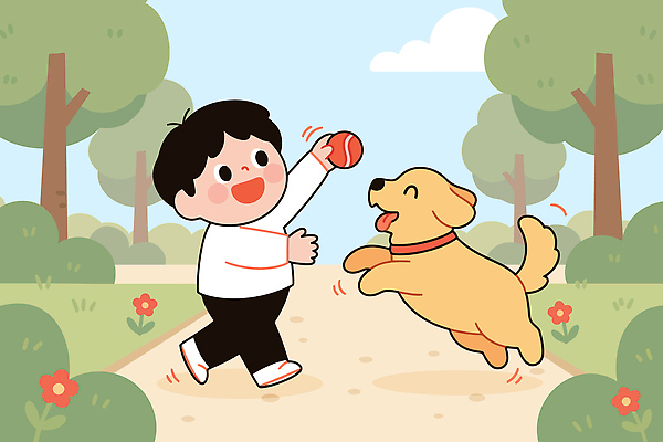 식물 동물 공공시설 감정 관계 휴식 표정 건강 사람 반려동물 개 생태계 파일형식 벡터 공원 강아지 어린이 놀이 공 행복 자연 나무 꽃 웃음 운동 산책 즐거움 야외 가족 친구 일러스트 국내일러스트 AI파일 반려견