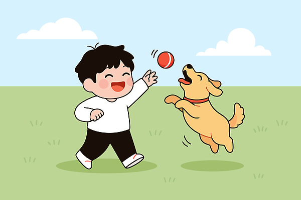 자연요소 계절 감정 공 포유류 관계 놀이 날씨 표정 건강 사람 반려동물 개 생태계 파일형식 벡터 어린이 공놀이 운동 즐거움 바람 봄 웃음 행복 자연 놀이터 친구 가족 모션 캐릭터 동물 일러스트 국내일러스트 AI파일 강아지 반려견