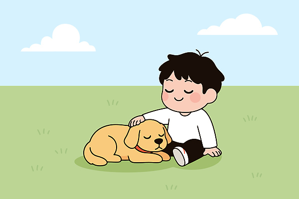 식물 동물 공공시설 남자 감정 어린이 컨셉 관계 모션 표정 사람 반려동물 감각 개 생태계 파일형식 벡터 소년 강아지 공원 친구 행복 휴식 자연 놀이 사랑 어울림 오후 편안함 쓰다듬기 웃음 귀여움 잔디 일러스트 국내일러스트 AI파일 반려견