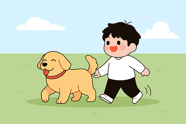 동물 남자 감정 어린이 컬러 컨셉 관계 휴식 사람 반려동물 개 생태계 파일형식 벡터 강아지 산책 뒷마당 친구 즐거움 노란색 아기 귀여움 모션 자연 놀이 주말 캐릭터 소년 사랑 일러스트 국내일러스트 AI파일 반려견