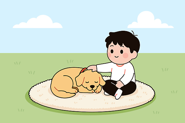 감정 컬러 컨셉 포유류 관계 모션 사람 반려동물 개 파일형식 벡터 어린이 카펫 함께함 평화 쓰다듬기 하늘 파란색 날씨 동물 반려견 친구 사랑 소통 앉기 행복 순간 일러스트 국내일러스트 AI파일 강아지