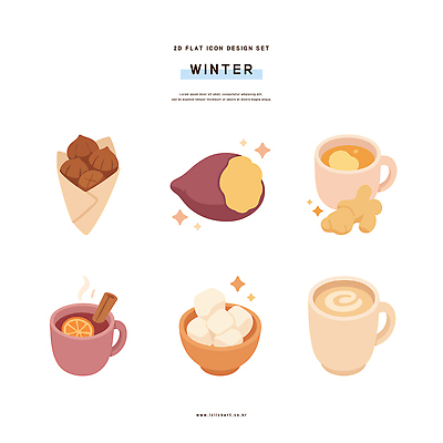디자인 커피 음료 음식 겨울 일러스트 디저트 따뜻함 과자 플랫아이콘 고구마 군고구마 군밤 마시멜로우 생강차 카페라떼 뱅쇼 국내일러스트 AI파일 아이콘 계절 뿌리채소 차_음료 와인 밤_견과류 굽기 구이 라떼 파일형식 벡터