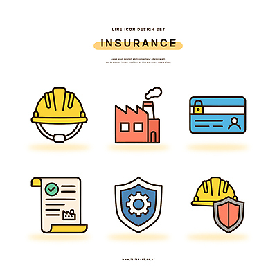 아이콘 디자인 공장 안전 세트 신용카드 안전모 위험 서비스 방패 계약서 기어 보험 보장 2D아이콘 AI파일 컨셉 공업 금융 헬멧 안전장비 파일형식 벡터