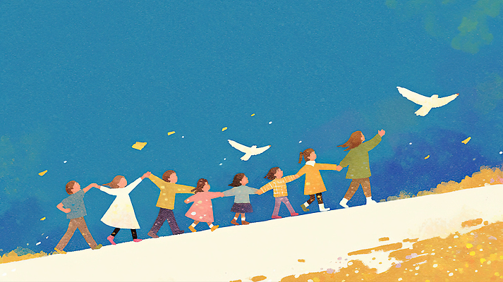 감정 컨셉 관계 모션 조류 표정 야외활동 그룹 생태계 파일형식 손잡기 걷기 비둘기 하늘 자유 행복 자연 동화 소풍 놀이 친구 웃음 밝은색 풍경 공동체 추억 평화 단체활동 일러스트 국내일러스트 JPG