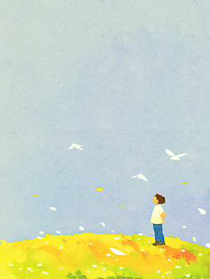 동물 계절 컬러 컨셉 사람 야외활동 생태계 파일형식 남자 초원 하늘 평화 조류 노란색 풍경 자연 자유 감상 소풍 시원함 여름 파란색 일러스트 국내일러스트 JPG