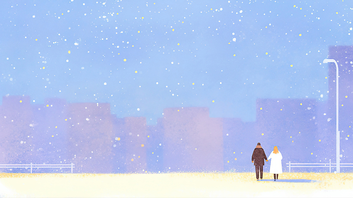 식물 건축물 계절 감정 컬러 컨셉 모션 휴식 한국 눈_날씨 사람 도시 야간 파일형식 겨울 도심 거리 손잡기 걷기 두명 풍경 서울 저녁 나무 건물 흰색 고요 하늘 사랑 평화 로맨틱 산책 눈송이 일러스트 국내일러스트 JPG