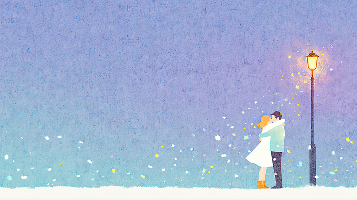 계절 공공시설 감정 컨셉 겨울 관계 침구 안기 풍경 친구 야간 파일형식 커플 사랑 거리 가로등 포옹 따뜻함 저녁 이불 전구 설경 로맨틱 행복 뷰티풀 조명 우정 일러스트 국내일러스트 JPG