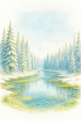 자연요소 나무 식물 계절 컨셉 날씨 휴식 강 생태계 파일형식 겨울 소나무 개울 물 풍경 자연 숲 흐름 차가움 평화 맑음 산책 고요 하늘 JPG 일러스트 국내일러스트