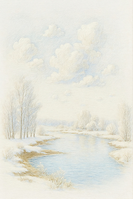 식물 계절 컬러 컨셉 풍경 그림 생태계 파일형식 겨울 강 나무 평화 자연 하늘 흐름 조용 수채화 차가움 숲 물가 흰색 풍경화 예술 뷰티풀 고요 JPG 일러스트 국내일러스트