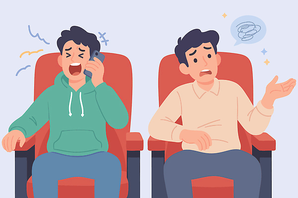 남자 감정 의자 일러스트 스트레스 실내 표정 대화 손짓 친구 저녁 영화관 불안 걱정 통화 소음 불만 국내일러스트 AI파일 가구 관계 모션 말하기 사람 내부 소리 야간 극장 파일형식 벡터