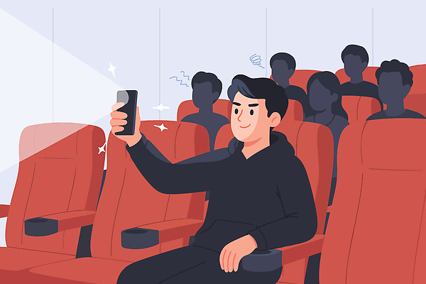 남자 일러스트 조명 기술 친구 스마트폰 핸드폰 스크린 소리 감상 분위기 군중 영화관 집중 영화 즐거움 관람 소통 비어있는 국내일러스트 AI파일 감정 컨셉 관계 문화예술 사람 전자제품 스마트기기 극장 파일형식 벡터