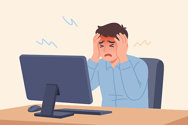 남자 감정 일러스트 스트레스 기술 피곤 설명 일상 컴퓨터 사무실 헤드폰 고통 업무 작업 불안 집중 두통 현실 불편함 국내일러스트 AI파일 음향기기 컨셉 비즈니스 모션 사람 라이프 전자제품 감각 질병 파일형식 벡터