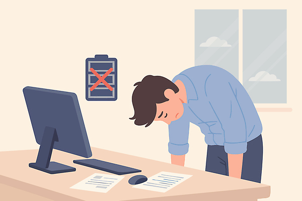 남자 일러스트 표시 스트레스 기술 피곤 사람 일상 전자제품 컴퓨터 사무실 공간 시간 업무 작업 건전지 집중 책상 문서 국내일러스트 AI파일 가구 컨셉 비즈니스 라이프 파일형식 벡터