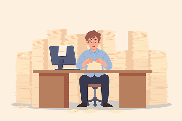 남자 일러스트 스트레스 피곤 컴퓨터 사무실 환경 업무 작업 사무원 불안 집중 책상 고민 문서 국내일러스트 AI파일 직업 감정 가구 컨셉 비즈니스 사람 전자제품 파일형식 벡터