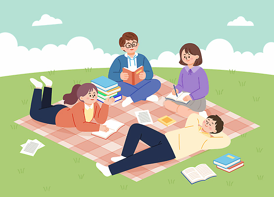 일러스트 모션 자연 커뮤니케이션 협력 이야기 초원 야외 책 친구 학습 독서 모임 기록 시간 즐거움 조용 소통 국내일러스트 AI파일 교육 감정 컨셉 관계 생태계 파일형식 벡터