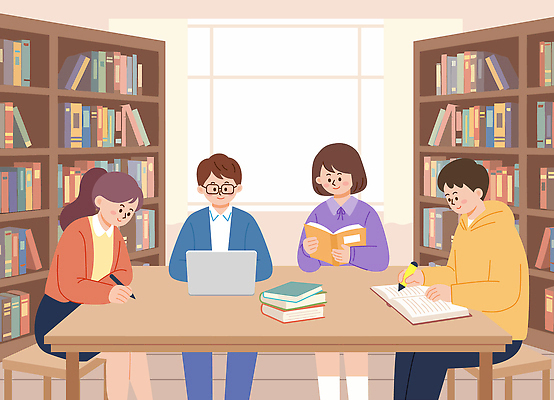 학생 일러스트 탁자 협력 실험 책 친구 학습 독서 환경 공책 자료 교양 시간 도서관 집중 검사_조사 조용 커뮤니티 오후 국내일러스트 AI파일 교육 가구 컨셉 관계 문구용품 파일형식 벡터