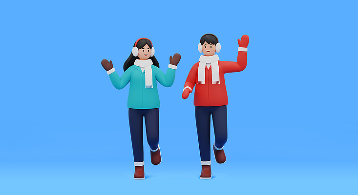 PSD 편집이미지 장갑 겨울 대화 두명 캐주얼 친구 걷기 스카프 만남 인사 귀마개 즐거움 겨울옷 파란배경 편집3D 잡화 옷 계절 감정 백그라운드 컨셉 관계 모션 말하기 사람 파란색 3D 목도리 예절 파일형식