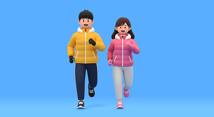 PSD 편집이미지 겨울 모션 건강 웃음 파란색 달리기 운동 노란색 즐거움 겨울옷 편집3D 옷 계절 감정 컬러 표정 3D 파일형식