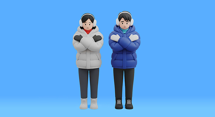 PSD 편집이미지 캐릭터 디자인 컬러 겨울 놀이 함께함 따뜻함 파란색 팔짱 외투 회색 추위 그림 이모티콘 스타일 편집3D 계절 컨셉 상의 모션 3D 파일형식