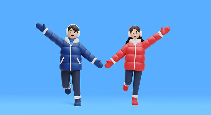PSD 편집이미지 캐릭터 겨울 두명 빨간색 파란색 운동 야외활동 손잡기 귀마개 즐거움 패딩 편집3D 잡화 계절 감정 컬러 모션 건강 사람 3D 점퍼 파일형식