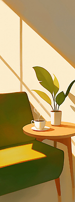 감정 음료 컬러 가구 컨셉 의자 내부 라이프 태양 감각 파일형식 커피 소파 탁자 화분 햇빛 편안함 실내 휴식 초록색 따뜻함 분위기 식물 여유 공간 발코니 일상 일러스트 국내일러스트 JPG