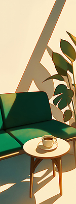 디자인 커피 음료 컬러 가구 컨셉 의자 휴식 잔 내부 태양 감각 파일형식 소파 탁자 식물 그림자 햇빛 따뜻함 실내 인테리어 차분 독서 커피잔 초록색 조명 분위기 편안함 휴식처 일러스트 국내일러스트 JPG