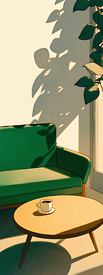 식물 디자인 커피 음료 컬러 가구 컨셉 의자 잔 태양 감각 파일형식 거실 햇빛 소파 나무 탁자 편안함 초록색 그림자 분위기 따뜻함 휴식 인테리어 평화 공간 커피잔 조명 일러스트 국내일러스트 JPG