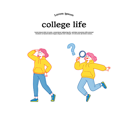 캐릭터 대학생 일러스트 학교 모션 일상 파란색 친구 학습 청춘 노란색 만남 탐험 도전 즐거움 호기심 후드티셔츠 긍정적 문제해결 국내일러스트 AI파일 학생 교육 감정 컬러 컨셉 티셔츠 관계 라이프 파일형식 벡터