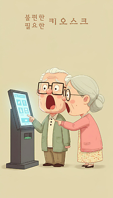 직업 커플 여자 노년 남자 감정 컨셉 관계 표정 말하기 성인 라이프 전자제품 방법 파일형식 키오스크 할아버지 할머니 놀람 기술 디지털 사용방법 도움 기계 연령 부부 대화 체험 가이드 친절 일상 스마트기기 일러스트 국내일러스트 JPG