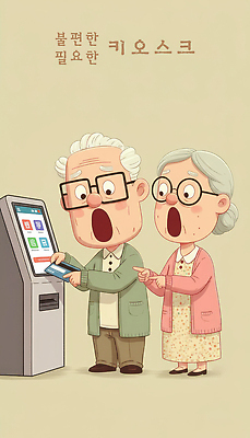 헤어스타일 부부 감정 컨셉 성인 라이프 방법 파일형식 노부부 키오스크 결제 어려움 당황 백발 표정 불안 사용방법 도전 세대차이 일상 편리함 도움 상호작용 취미 노년 반응 일러스트 국내일러스트 JPG