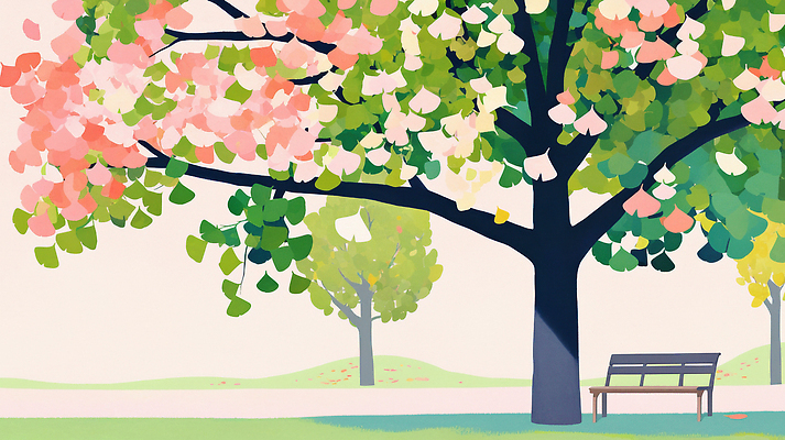 식물 계절 공공시설 꽃 감정 길 컬러 컨셉 의자 라이프 야외활동 생태계 파일형식 공원 나무 벤치 봄 풍경 자연 잎 평화 조용 일상 힐링 색감 뷰티풀 그늘 산책로 여유 소풍 초록색 복사꽃 일러스트 국내일러스트 JPG