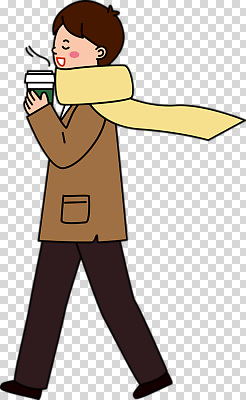 계절 감정 컬러 모션 휴식 목도리 외투 감각 파일형식 겨울 음료 산책 거리 따뜻함 코트 스카프 편안함 여유 사람 캐릭터 걷기 갈색 노란색 편집이미지 PNG