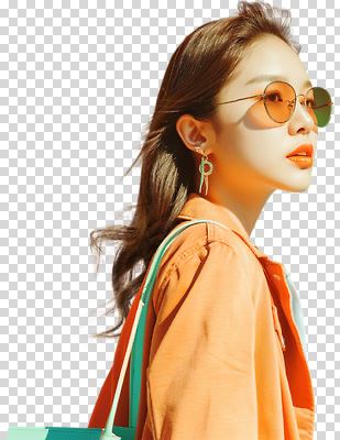 잡화 계절 안경 컬러 모션 태양 파일형식 여름 패션 스타일 주황색 선글라스 가방 야외 걷기 햇빛 풍경 뷰티풀 장신구 편집이미지 PNG