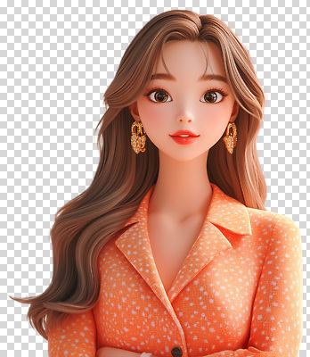 편집이미지 캐릭터 긴머리 헤어스타일 여자 패션 표정 미소 카메라 귀걸이 주황색 재킷 자신감 우아함 PNG 스타일 감정 컬러 컨셉 장신구 사람 전자제품 외투 파일형식