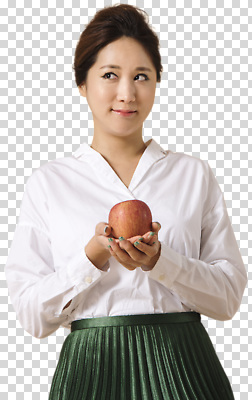 컬러 상의 과일 하의 표정 사람 신체부위 전자제품 파일형식 여자 사과 초록색 치마 셔츠 미소 카메라 손 빨간색 재료 패션 식사 스튜디오 촬영 편집이미지 PNG