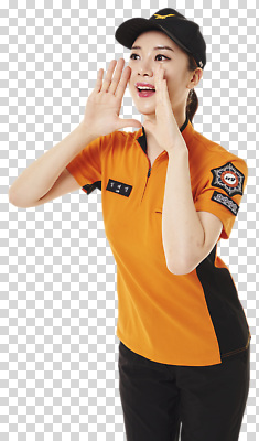 편집이미지 유니폼 모션 친절 안내 표정 밝음 대화 웃음 주황색 고객 직원 서비스 PNG 소통 옷 컬러 컨셉 말하기 파일형식