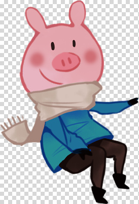 컬러 컨셉 포유류 모션 표정 신체부위 목도리 파일형식 돼지 캐릭터 귀여움 스카프 파란색 옷 무릎 앉기 웃음 백그라운드 투명 디자인 편집이미지 PNG