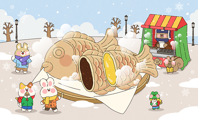 계절 감정 음식 빵 컨셉 관계 놀이 디저트 겨울간식 파일형식 벡터 붕어빵 겨울 동물 귀여움 행복 야외 준비 즐거움 모임 축제 따뜻함 놀이터 가족 친구 카트 국내일러스트 AI파일 일러스트